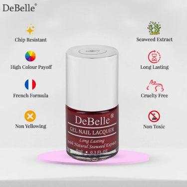 DeBelle Gel Nail Polish Antares (Deep Maroon Pearl Finish Nail Paint)|Non UV - Gel Finish |Chip Resistant | Seaweed Enriched Formula| Long Lasting|Cruelty and Toxic Free| 8ml